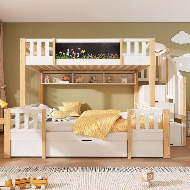 Letto a castello per 3 bambini 90x200 e 140x200 in legno massello; con scala contenitore; cassetti e lavagna; bianco e naturale