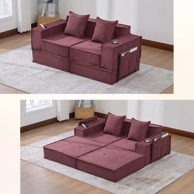 Divano letto 2 sedili convertibili con letto matrimoniale; pouf con portaoggetti e portabicchieri; cuscini 2; velluto a coste; Vino rosso