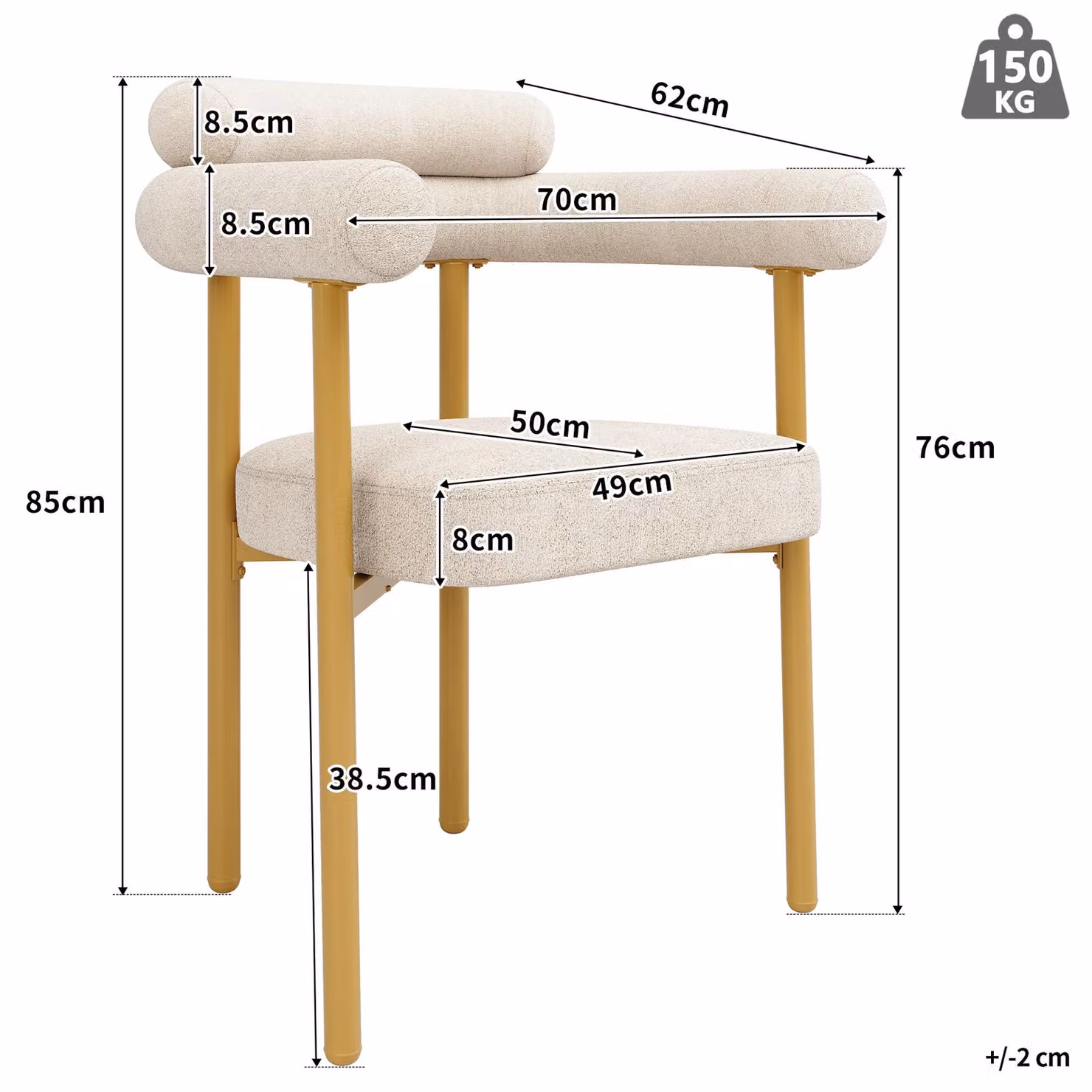 2 sedie da pranzo, moderne e semplici, realizzate in ecopelle beige. Sedili ergonomici a forma di anello, adatte perda pranzo, soggiorni e uffici. Gambe dorate. Colore: beige, dorato