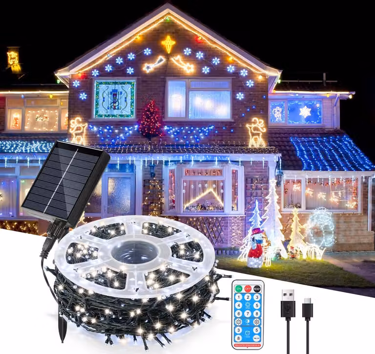 Catena luminosa solare LED Ikodm, 50 metri, 500 LED, illuminazione per interni ed esterni, con 8 modalità, ideale per giardini, balconi, feste, decorazioni natalizie, luce bianca fredda