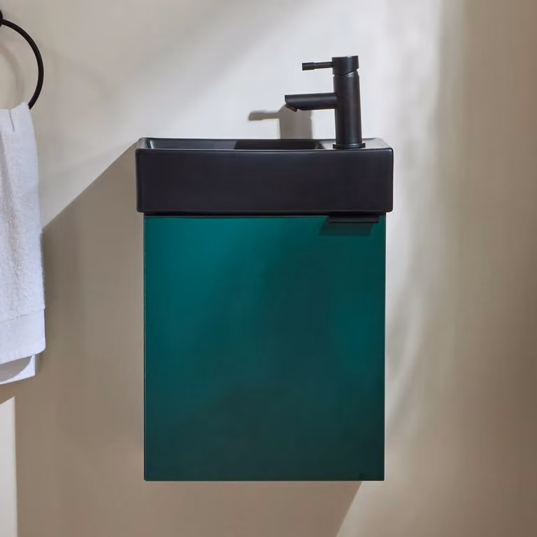 Mobile Bagno Sospeso HudsonReed Verde Scuro con Lavabo Nero e Maniglia Moderna, L: 40 cm, P: 44 cm, H: 21,5 cm