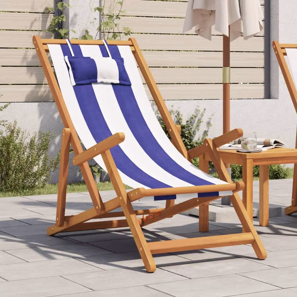 Sedia pieghevole da giardino vidaXL in legno massello trattato con cuscino a righe blu, bianco e beige