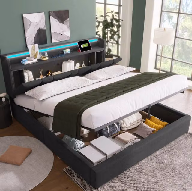 Letto matrimoniale 140x190 cm con contenitore, LED RGBW e ricarica USB grigio HAVRYA