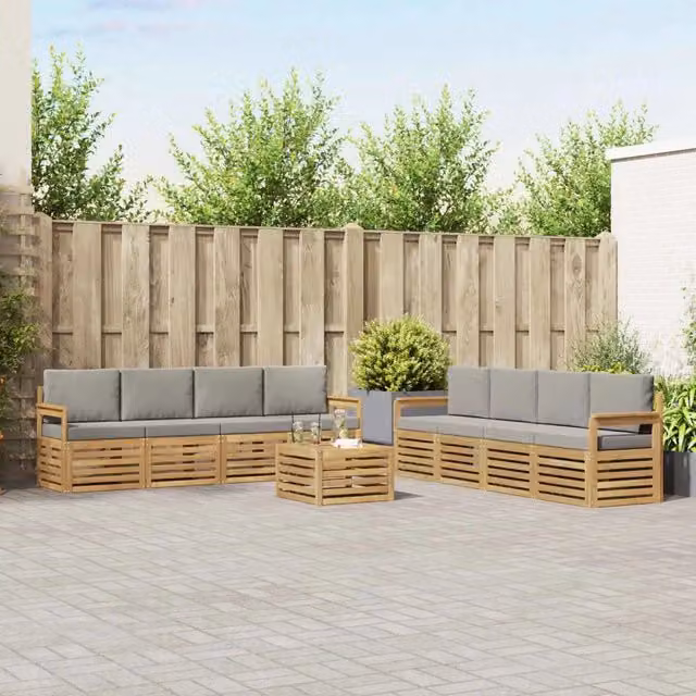 Set di mobili da giardino vidaXL composto da divano a 3 posti, poltrone, tavolino da caffè e cuscini in legno di acacia trattato, colori bianco e grigio