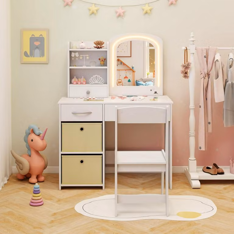 Set da trucco per bambini Costway con tavolo, sedia e specchio illuminato a LED, design da principessa in bianco