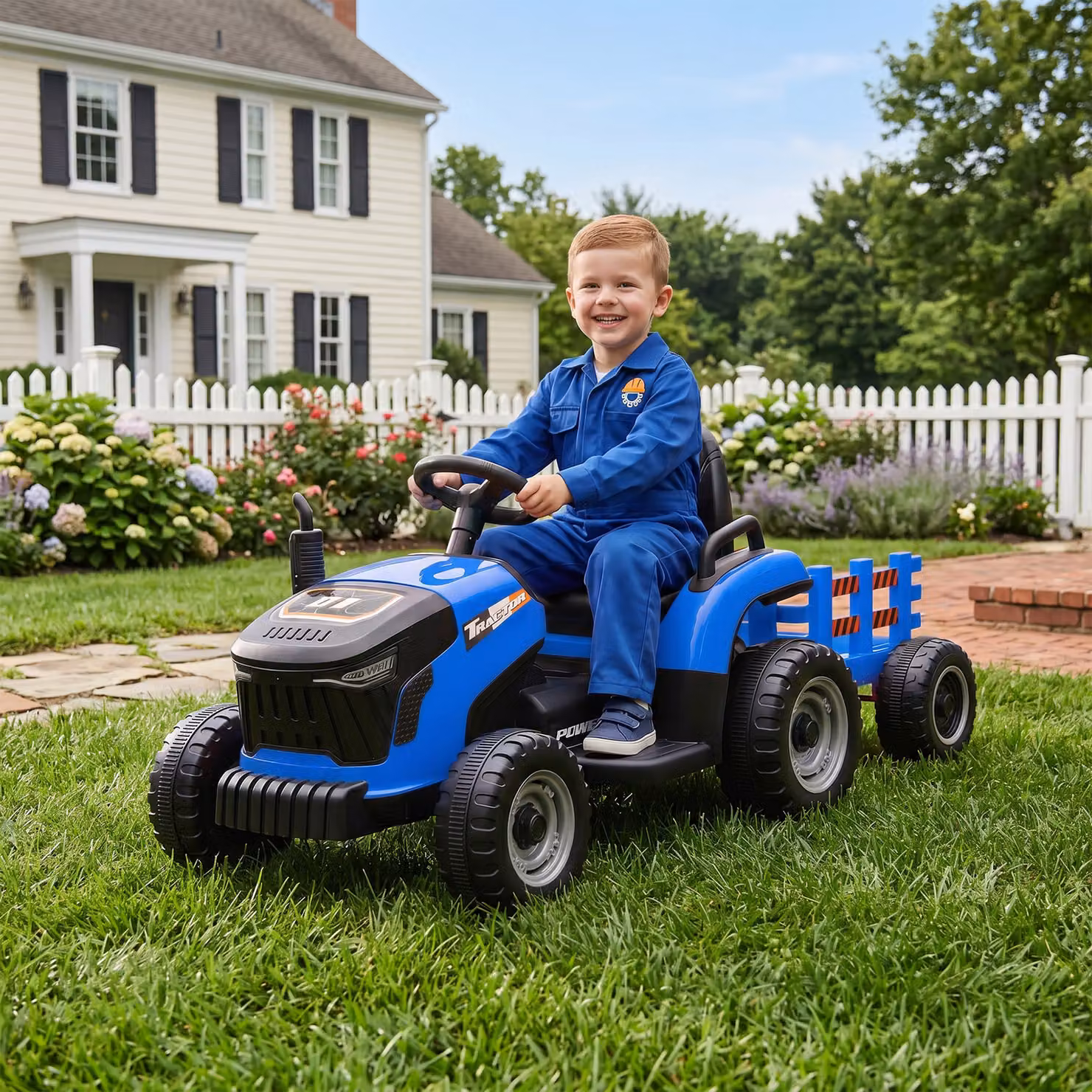 AIYAPLAY Trattore Elettrico 2 in 1 per Bambini con Rimorchio Staccabile, Telecomando, Musica e Luci, Blu – 2