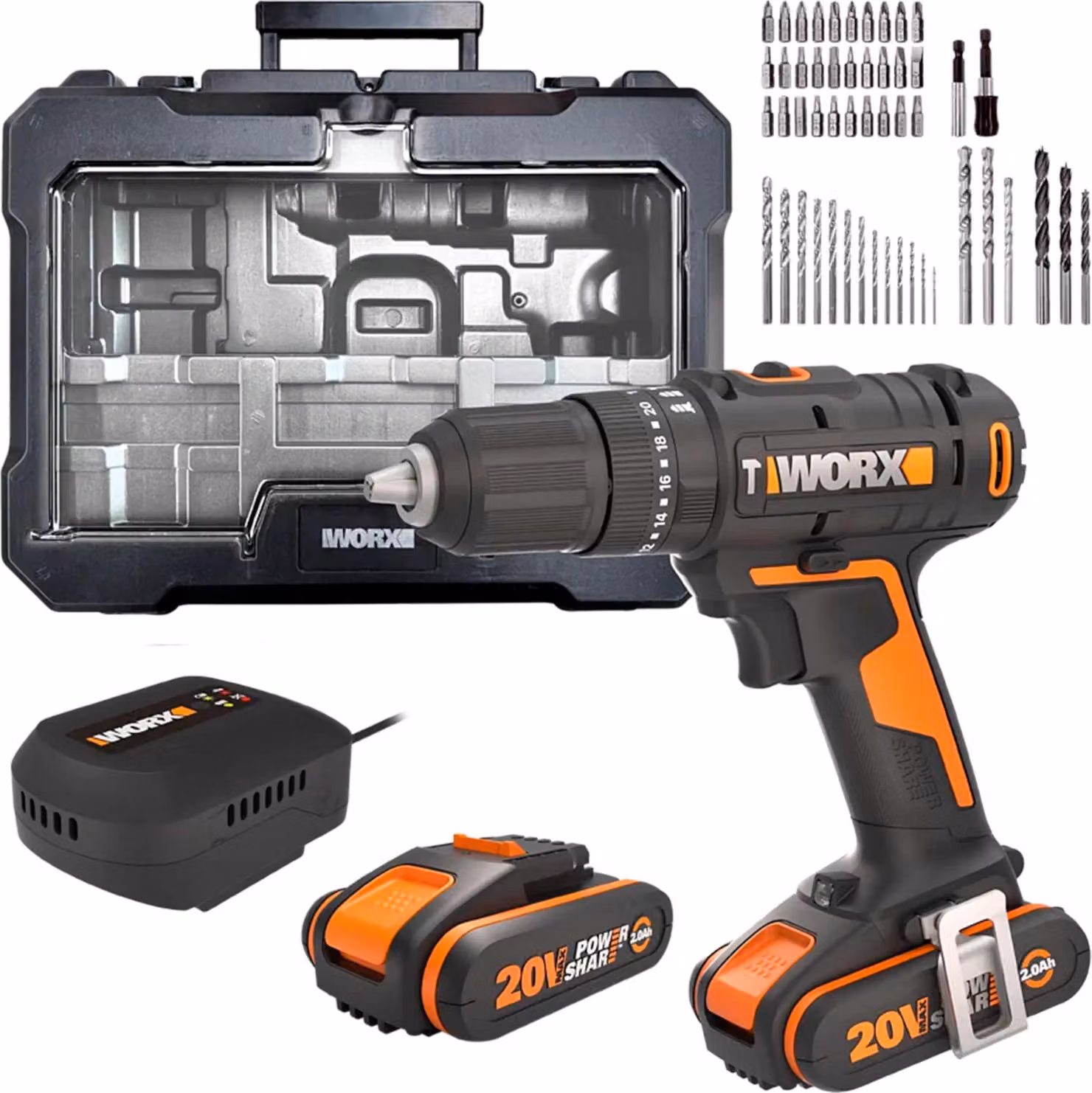 Trapano avvitatore a batteria WORX WX370.2, 20V, incluso 2 batterie da 2Ah e caricabatterie