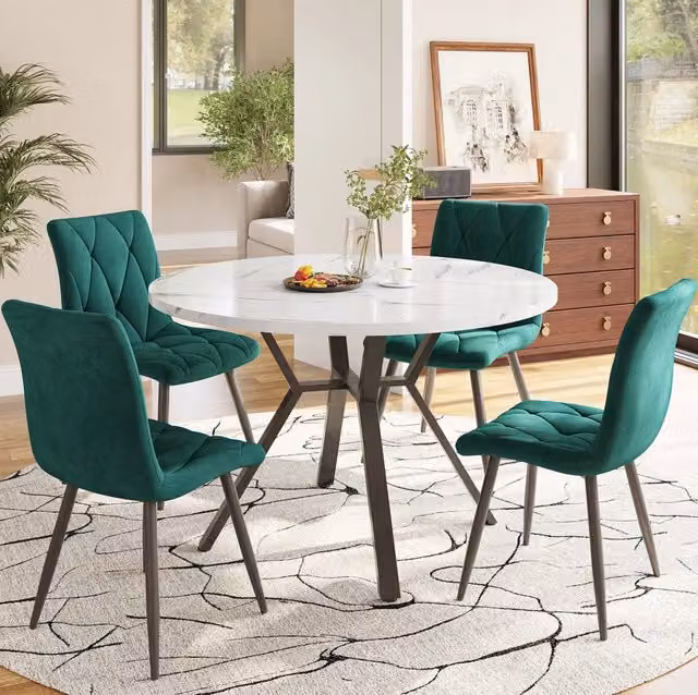Set tavolo da pranzo rotondo con 4 sedie; MDF effetto marmo e acciaio; bianco; nero e verde