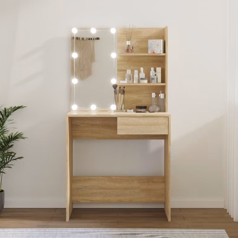 The Living Store Comodino con LED Rovere Sonoma 74,5x40x141 cm Materiale in legno