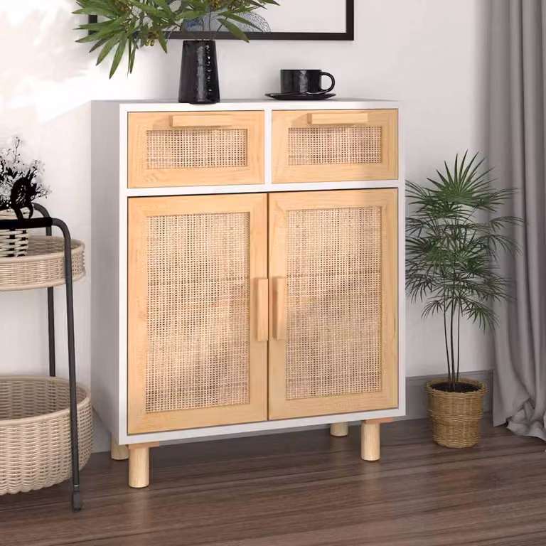vidaXL Credenza Bianca in Legno di Pino Massello e Rattan Naturale L/P/H: 60 x 30 x 75 cm
