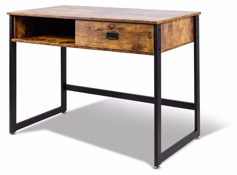 Otari - Scrivania in stile industriale con cassetto e vano a giorno, 110x50xH76 cm