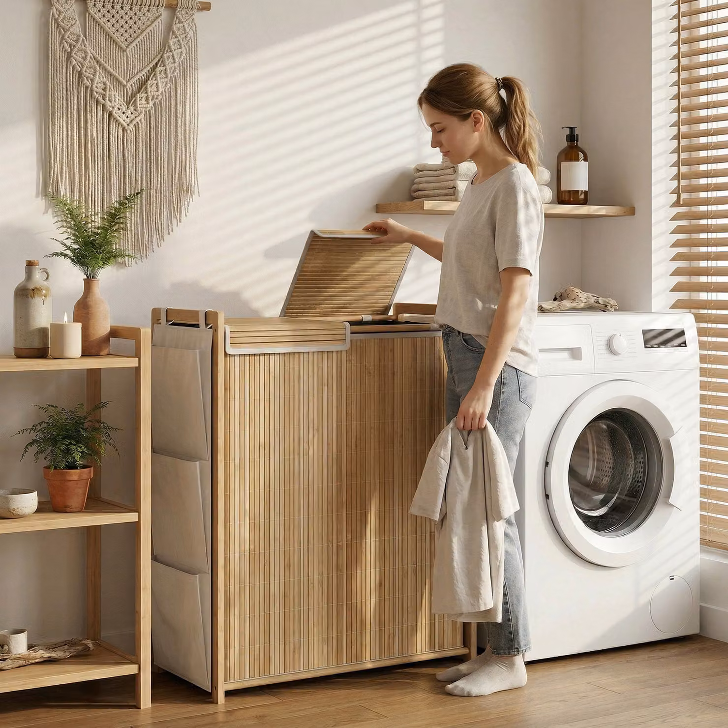 Cesto per biancheria in bambù HOMCOM con coperchio, 120L, 2 sacche rimovibili e lavabili con cordoncino e tasche laterali, colore naturale – 2