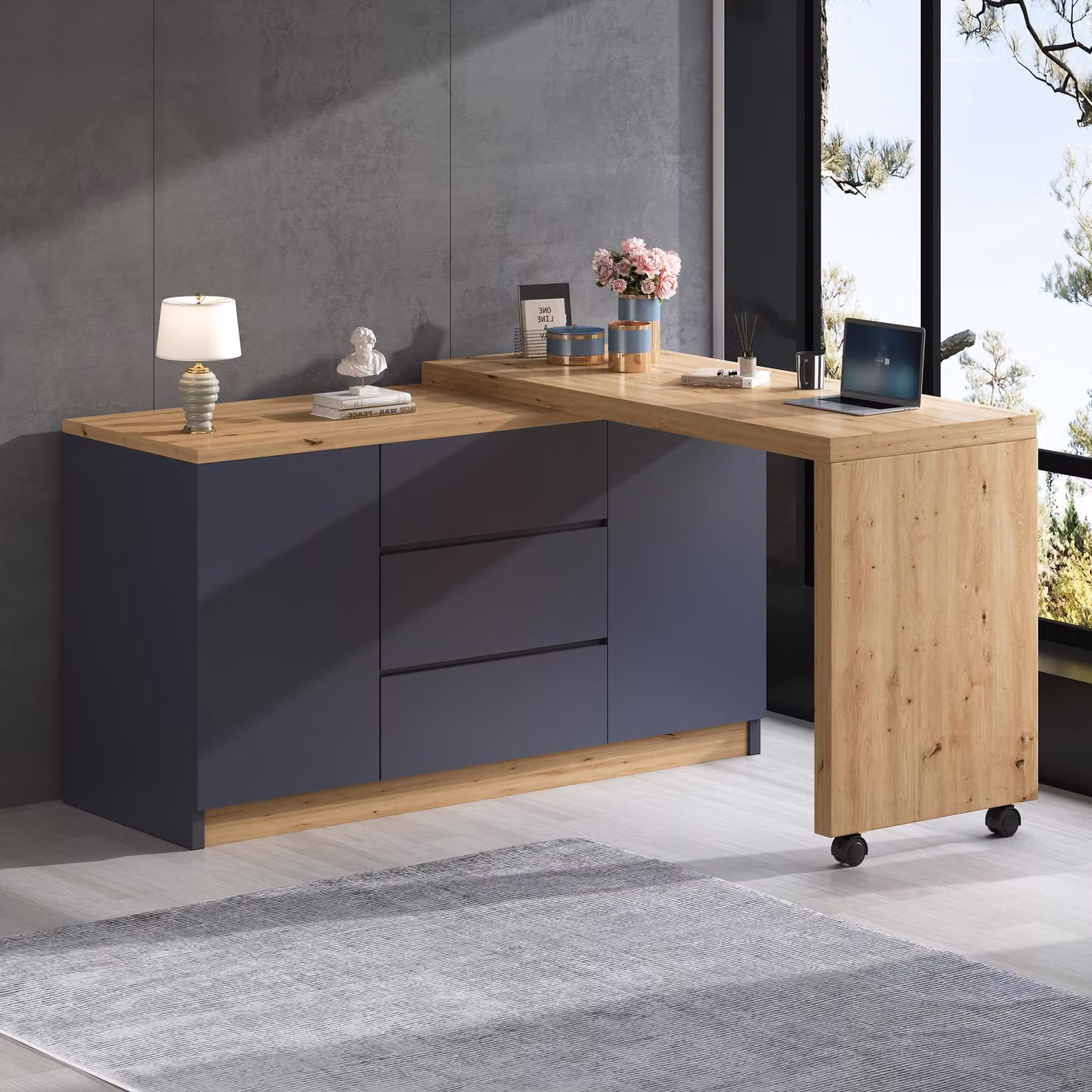 Flieks Scrivania pieghevole con rotelle, cassettiera con tavolino mobile, tavolo da toilette angolare scrivania angolare girevole, grigio