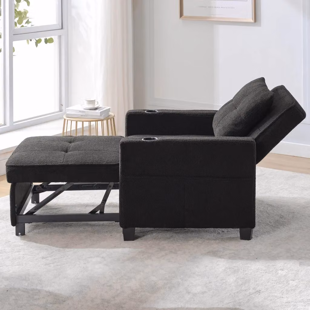 Poltrona letto 3 in 1 FOLYNA nera con schienale regolabile, portabicchieri, porta USB e tasca laterale – 2