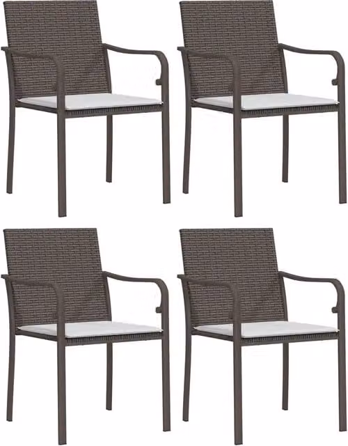 Set di 4 sedie da giardino in polyrattan con cuscini marroni e bianchi, modello moderno con braccioli, L/P/H: 56 x 59 x 84 cm