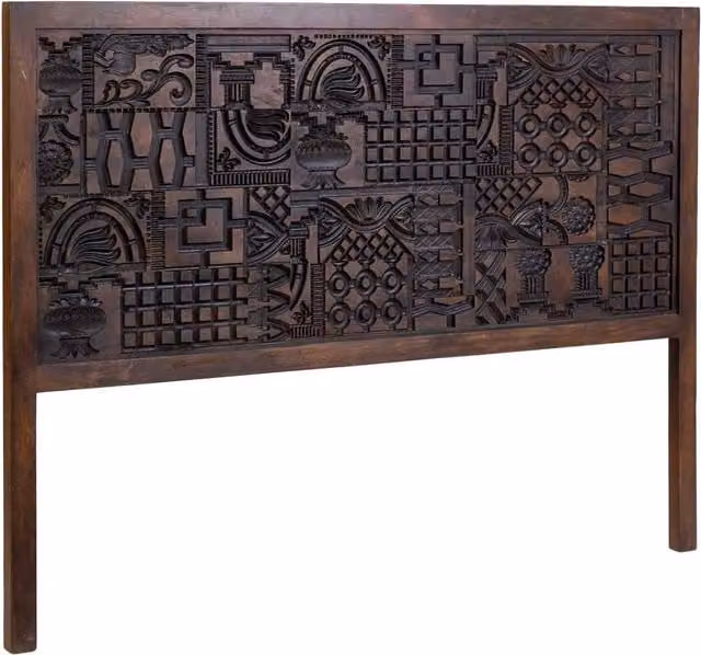 Testiera in legno marrone intagliata a mano 160x3x120h cm