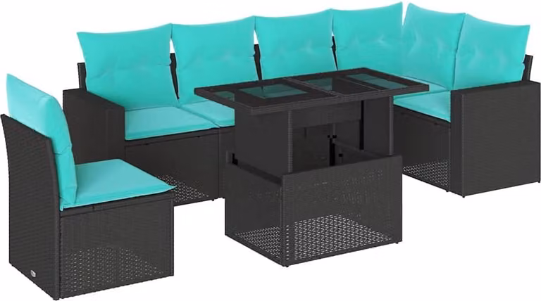 set di divani da giardino 7 pezzi con cuscini, polyrattan nero