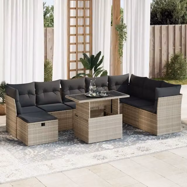 Set Divano da Giardino 9pz vidaXL con Cuscini Grigio Chiaro in Polyrattan e Metallo