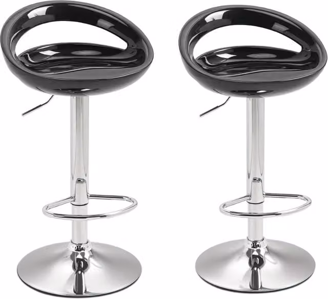 Sgabelli da bar alti Minimal neri con schienale in metallo e plastica, girevoli a 360 gradi, L: 46 cm, P: 41 cm, H: 76-96 cm
