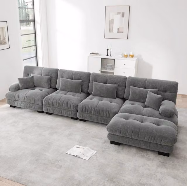 Divano modulare con ottomane mobili in ciniglia grigio
