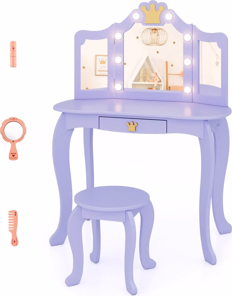 COSTWAY Tavolo da trucco per bambini con sgabello, tavolo da toeletta con illuminazione, specchio, tavolo cosmetico in legno, set da trucco per bambini da 3+, viola