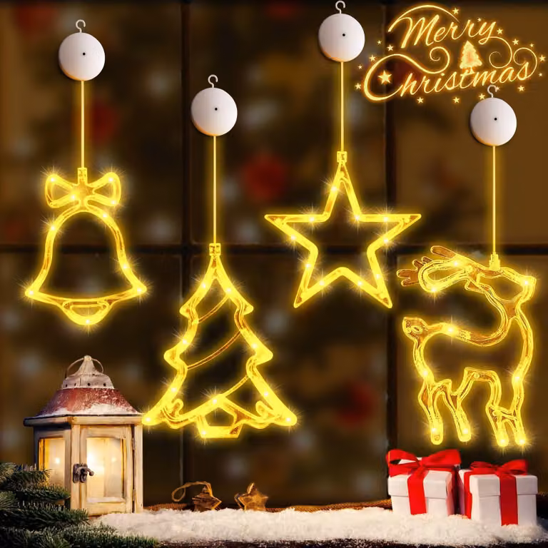 Set di 4 catene luminose a LED, luce bianco caldo, 140 LED, decorazione per finestre