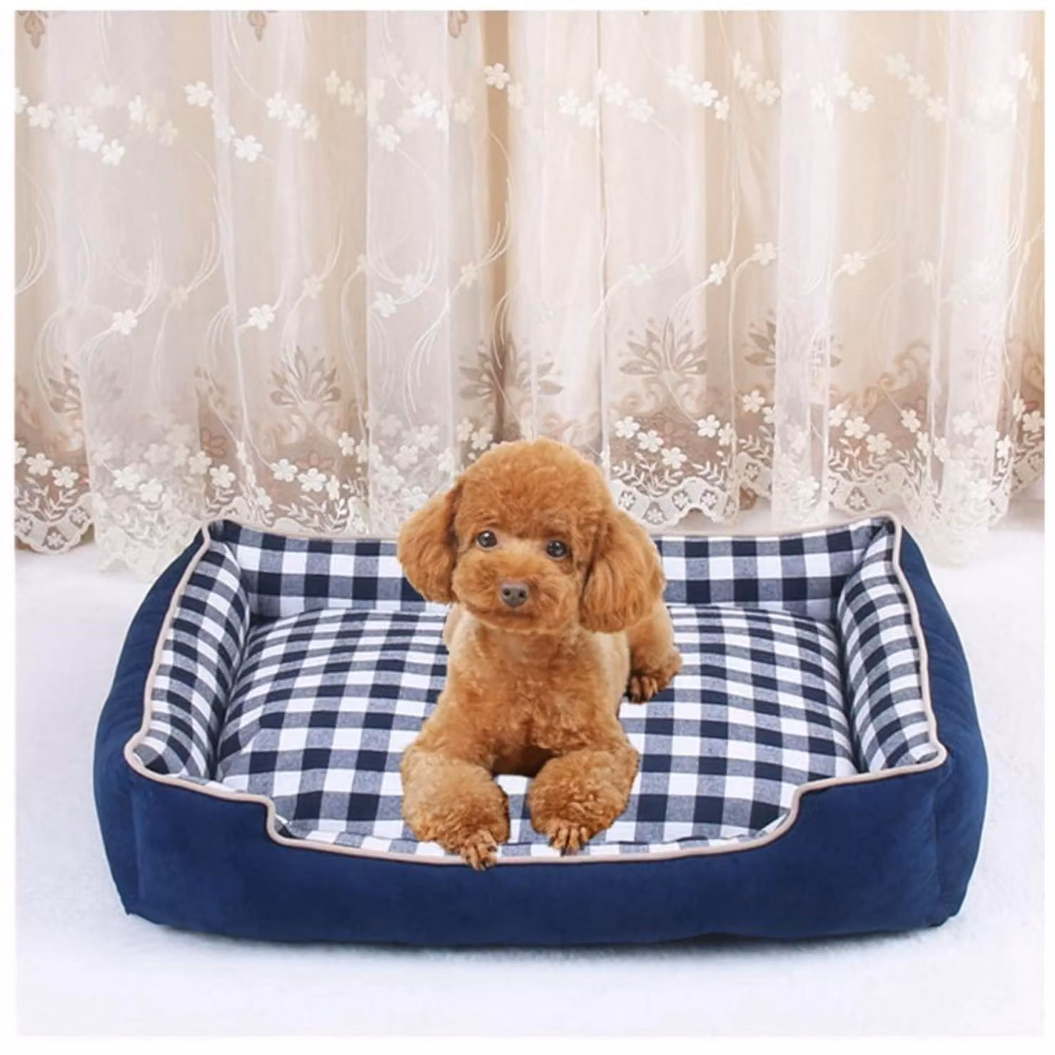 Cuccia per cani con cuscino reversibile, forma rettangolare, taglia L (70x57x15 cm), colore blu