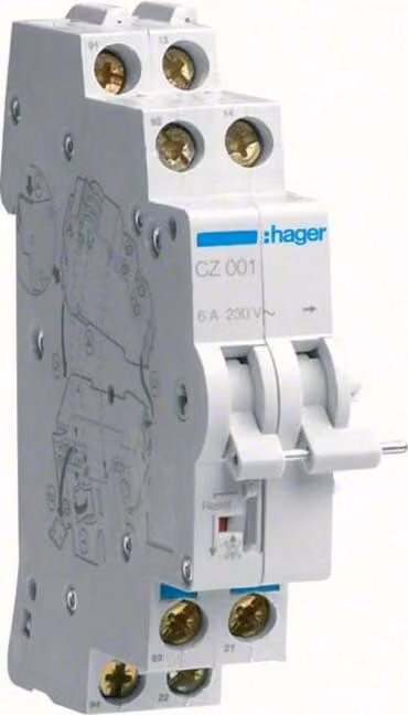Interruttore ausiliario Hager per RCD 6A, 1S+1Ö CZ001