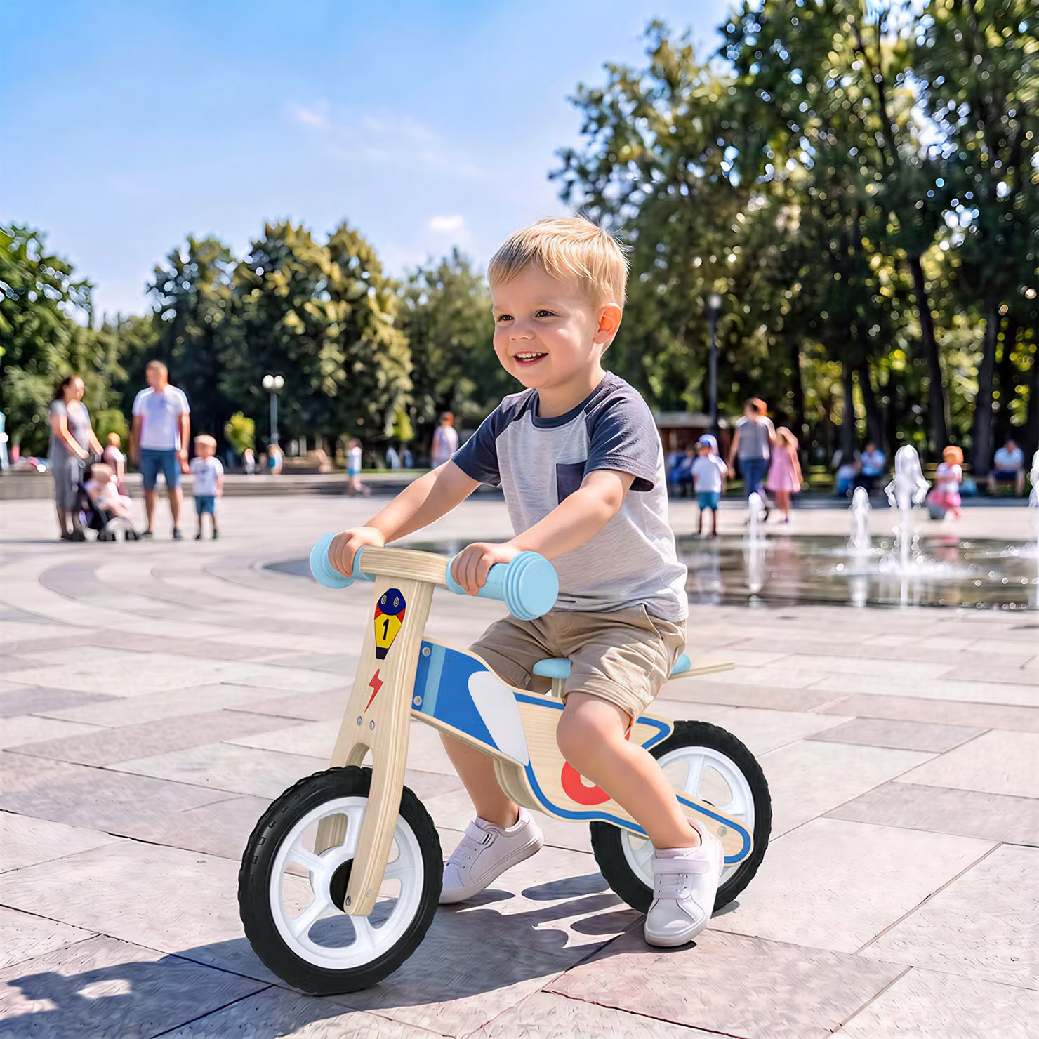 Bici senza pedali AIYAPLAY in legno naturale per bambini 3-5 anni con sella regolabile, capacità massima 50 kg, marrone e multicolore – 2