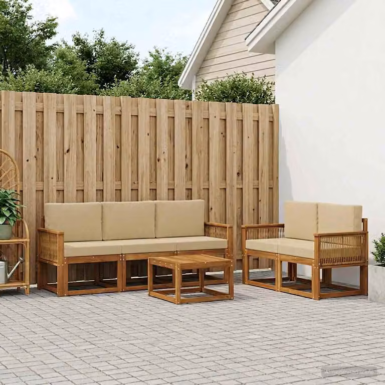 Set di divani da esterno a L vidaXL composto da 6 pezzi con tavolino da caffè, struttura in legno di acacia e cuscini beige in poliestere resistente ai raggi UV