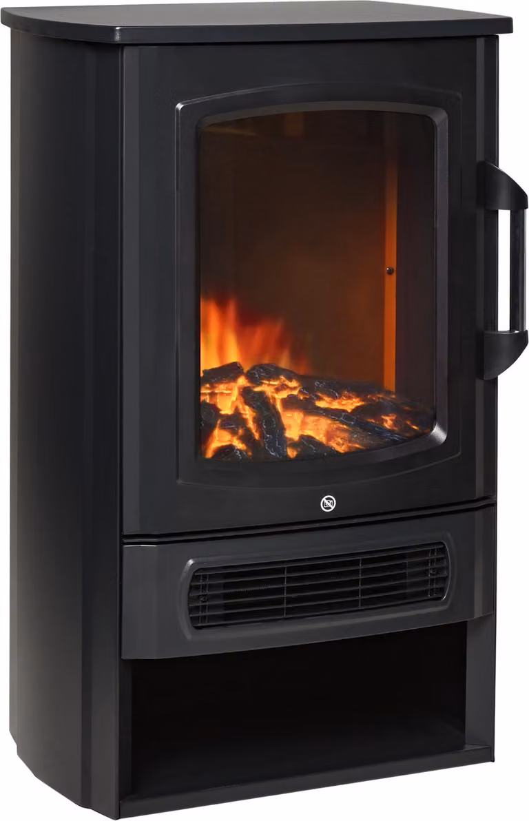 Camino elettrico Fortuna Lai Camino elettrico con effetto fiamma realistico, termostato, 1000 W/2000 W per ambienti fino a 25 m², nero 44,5x32,1x74 cm