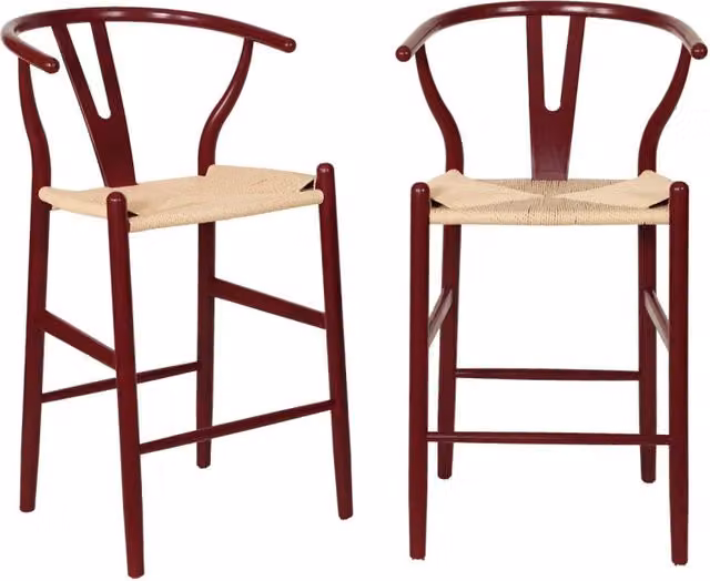 Set 2 sgabelli da bar vintage in legno di faggio e corde, bordeaux