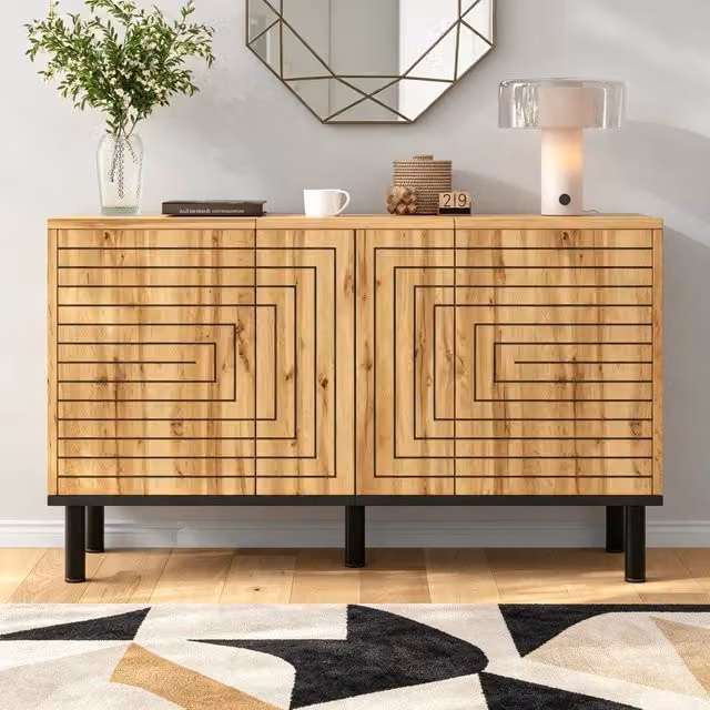 Madia a 3 ante push-open con 6 vani in MDF e pannello truciolare naturale 120 × 35 × 68 cm