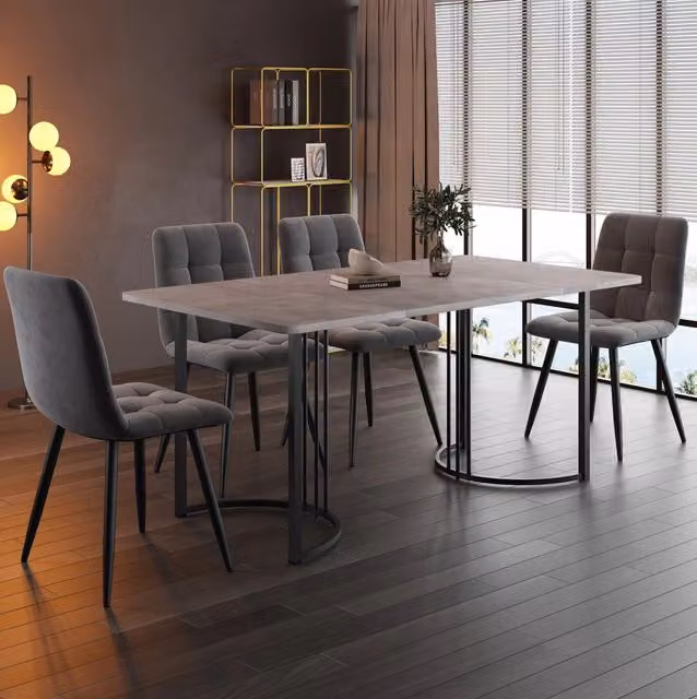 Set tavolo da pranzo 140x80 cm con 4 sedie in velluto grigio