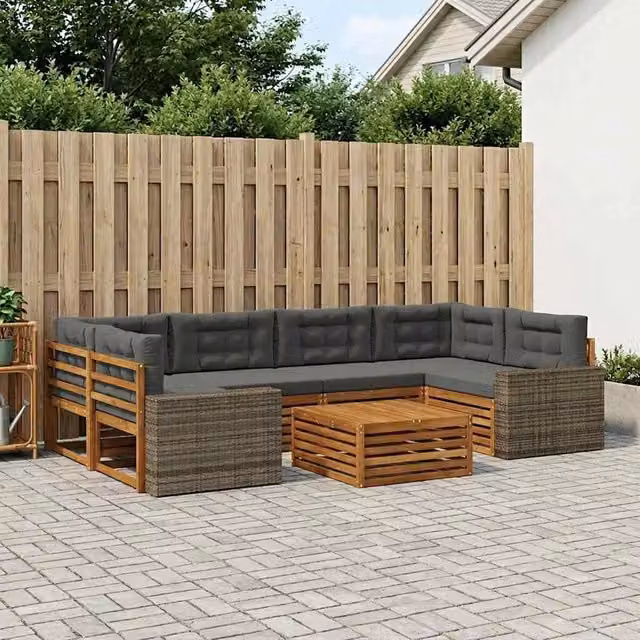 Set di divani da esterno moderno vidaXL composto da 7 pezzi in legno di acacia e rattan con colore antracite e grigio