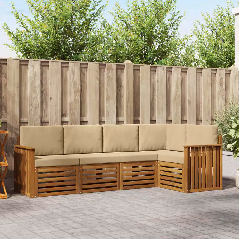 Set di divani da esterno vidaXL a forma di L composto da 5 pezzi in legno di acacia e tessuto beige e bianco con cuscini inclusi