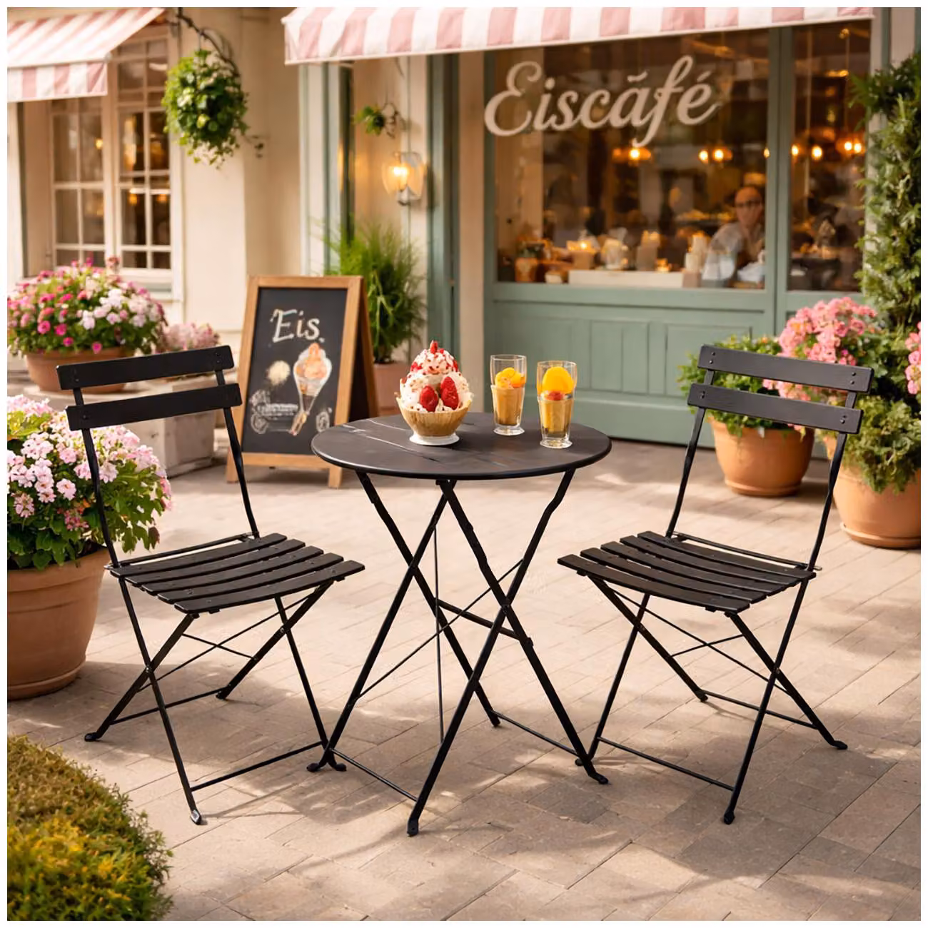Set da bistrot pieghevole in metallo nero con tavolo e 2 sedie per balcone