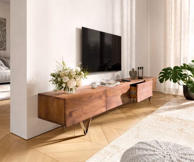 DELIFE Mobile basso Wyatt 220 cm Acacia marrone 4 cassetti Piedini a V Acciaio inox