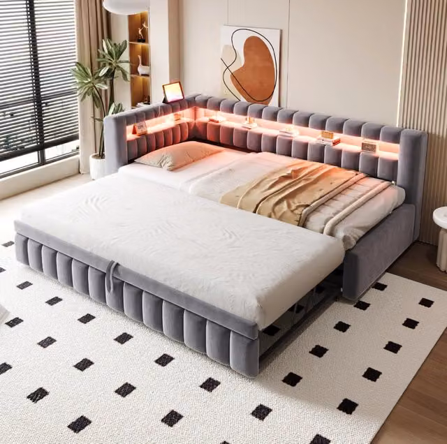 Letto con Divano Estraibile 90x200 cm in Velluto Grigio scuro con Illuminazione LED e Porta USB