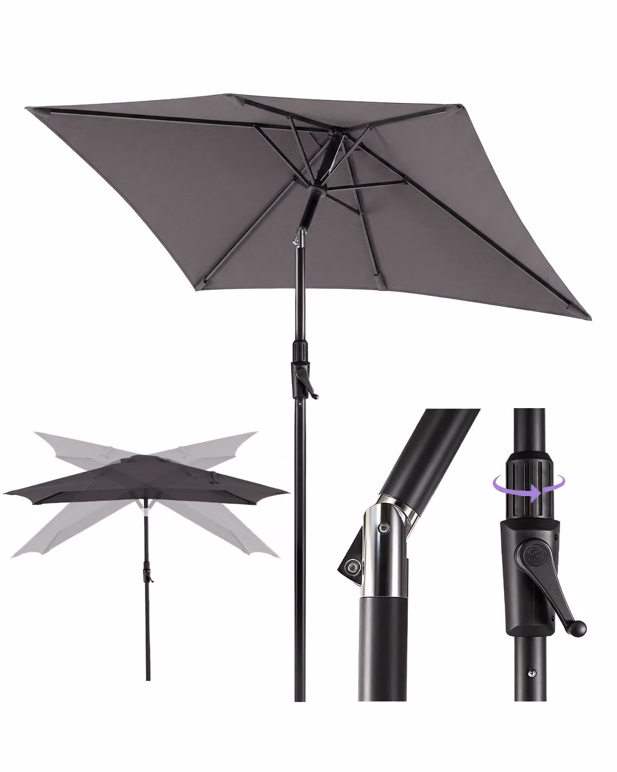 Ombrellone rettangolare Sekey 210x140 cm, ombrellone da mercato con manovella, inclinabile, pieghevole a 30°, protezione solare UV50+, ombrellone da giardino resistente alle intemperie