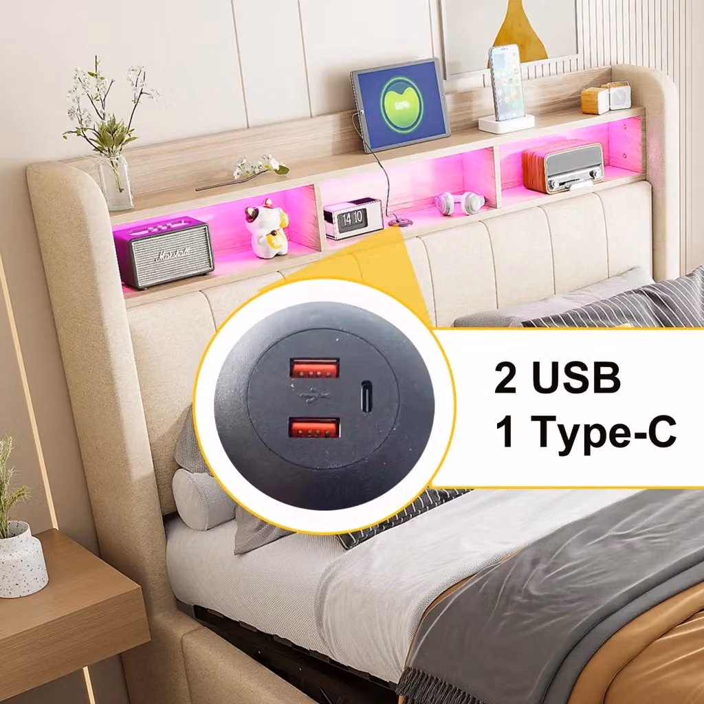 Letto Contenitore REDOM Beige in Tessuto con Illuminazione LED, Porte USB e Type-C, L/P: 160 x 200 cm – 2
