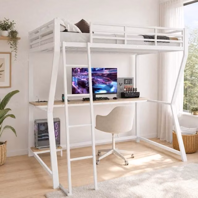 Letto a soppalco 140x200 cm con illuminazione LED, scrivania, mensola per PC, prese elettriche e USB, con ringhiera e scala, bianco, senza materasso