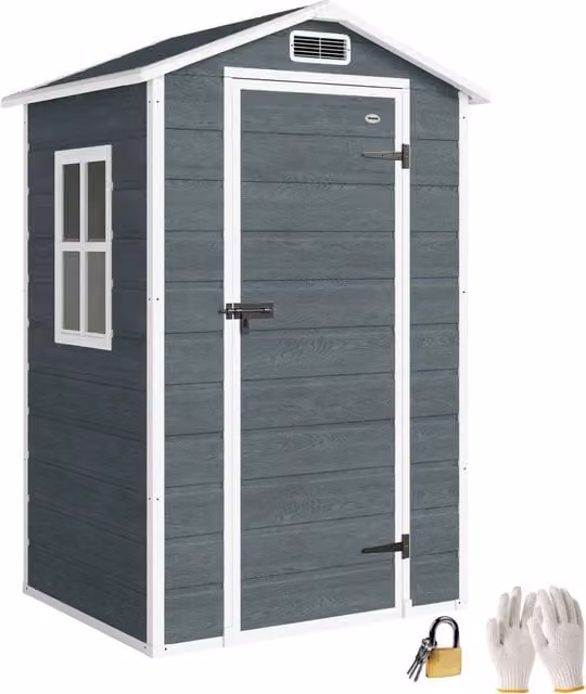 Casetta porta attrezzi da giardino 1,1 m² capanno effetto legno con finestra tetto a due spioventi pavimento e serratura grigio robusto