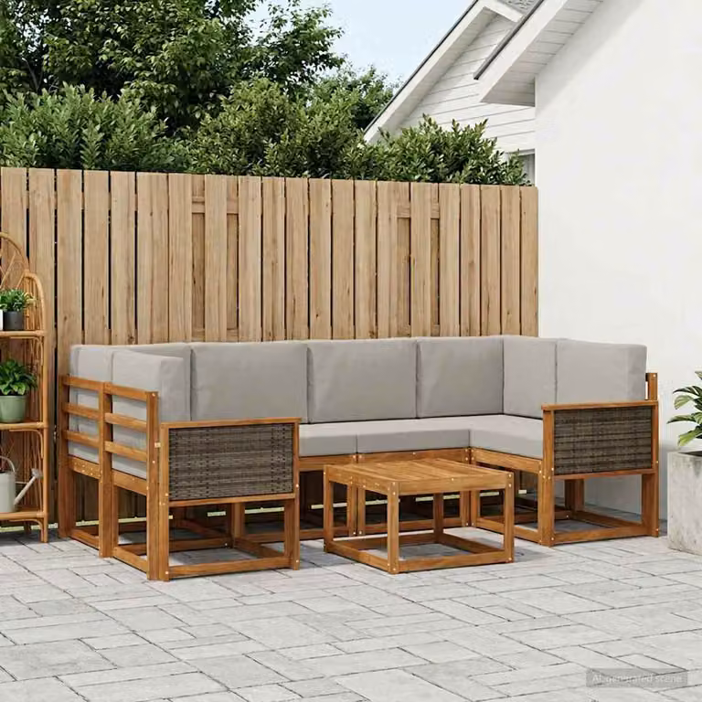Set di divani da esterno vidaXL in legno di acacia con cuscini, composizione a L con angolo, pouf e tavolino, marrone e grigio