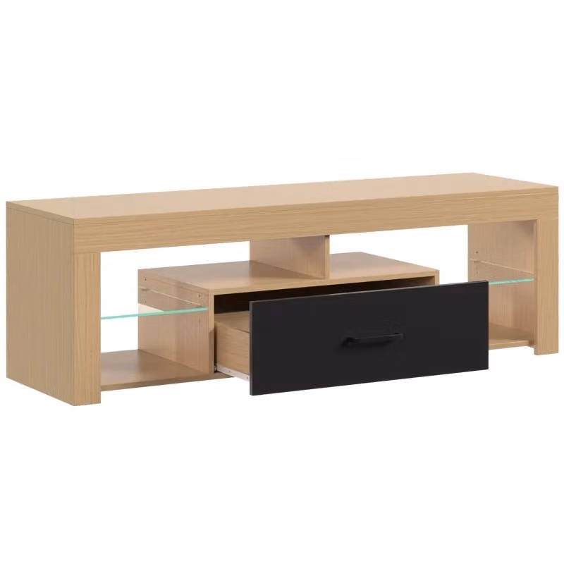 Mobile TV Minimal in rovere con ripiani in vetro regolabili per TV fino a 65 pollici, L: 140 cm, P: 40 cm, H: 45 cm – 2