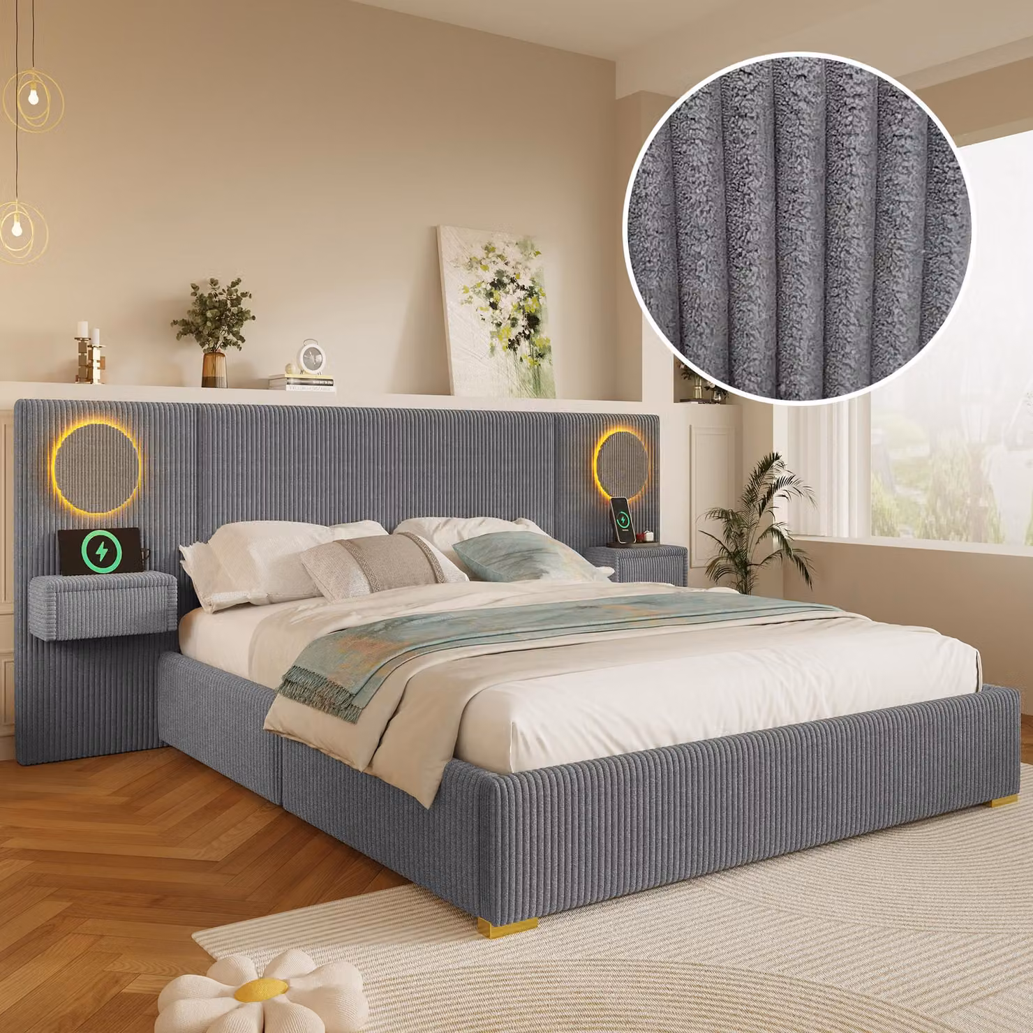 Letto imbottito 180 x 200 cm, con rivestimento in velluto, testiera con illuminazione LED, prese USB, comodini integrati e cassetti, testiera imbottita, colore grigio
