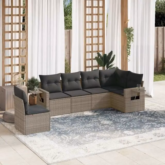 Set Divano da Giardino VIDAXL a L in Polyrattan Grigio con Cuscini, 6 Posti – 1