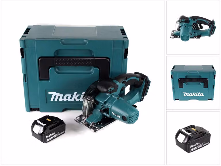 Makita DCS 552 T1J 18 V Sega circolare a batteria per metalli 136 mm in Makpac + 1x batteria da 5,0 Ah + lama e occhiali di protezione - senza caricabatteria