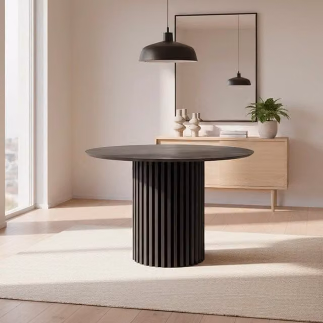 Tavolo rotondo Olympus piano effetto marmo grigio opaco e base cannettata nera 110x110x76