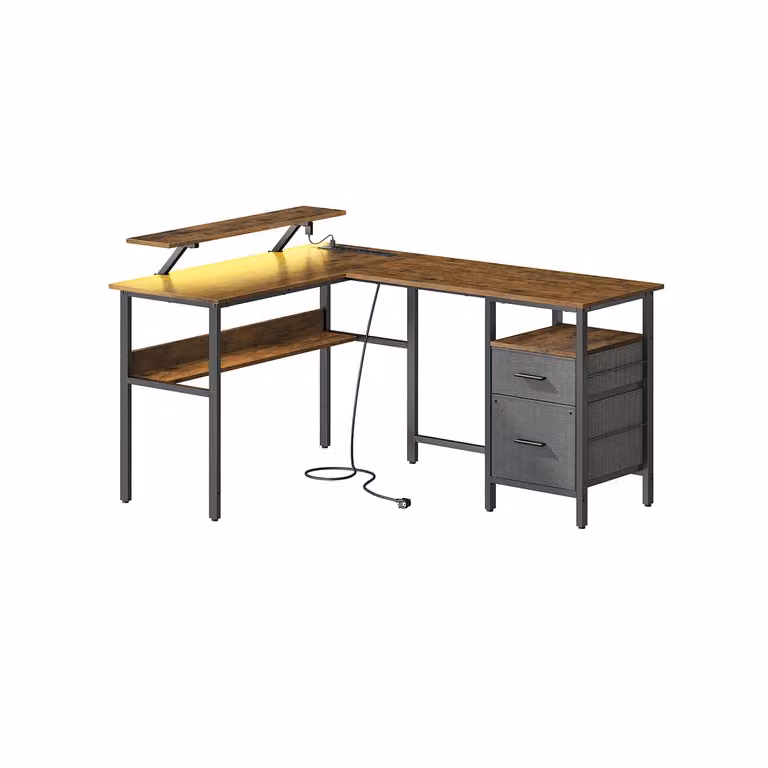 Scrivania per Computer a L con Prese di Corrente Luci a LED, Marrone Vintage